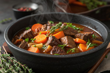 Сытное тушеное мясо из говядины на медленном огне с морковью и зеленью на деревенской кухне - RomanZ
