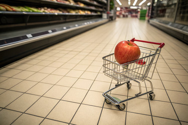 Тележка для покупок с единственным яблоком в пустом продуктовом ряду - RomanZ