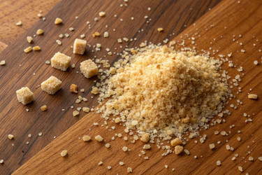 Гранулы и кубики коричневого сахара на деревянной кухонной поверхности в домашних условиях - RomanZ