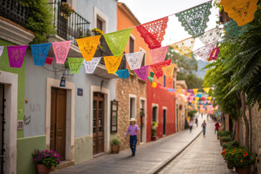 Красочный Papel Picado украшает очаровательную улицу в Сан-Мигель-де-Альенде - RomanZ