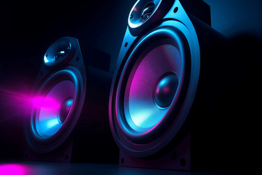 Громкоговорители purple light party. Звучат басы. Генерировать искусственный интеллект - yliv