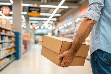 Мужчина, несущий коричневую коробку в проходе продуктового магазина в дневное время - RomanZ
