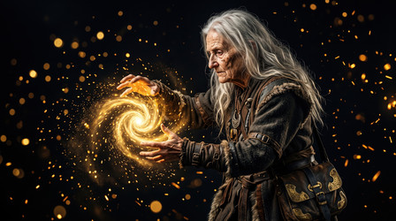пожилая колдунья произносит заклинание золотой магии - artshock