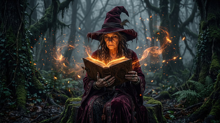 ведьма держит в руках светящуюся книгу заклинаний - artshock