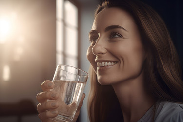 Женщина улыбается пить стакан воды. Дома чисто-чисто. Генерировать искусственный интеллект - yliv