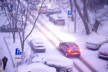 заснеженная уличная сцена с припаркованными автомобилями и движущимся транспортным средством во время сильного снегопада, деревьями и знаками парковки, видимыми в зимней городской среде - Darya Petrenko