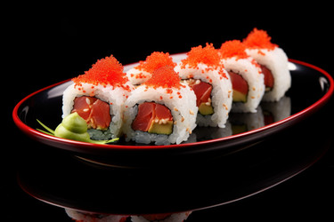 Вкусные суши подаются на красной тарелке. Генерировать искусственный интеллект - yliv