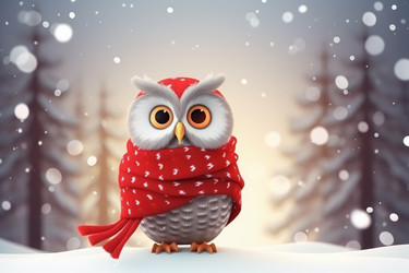 White owl with red holiday Christmas scarf. Wild fowl on snow covered forest landscape. Generate ai - yliv