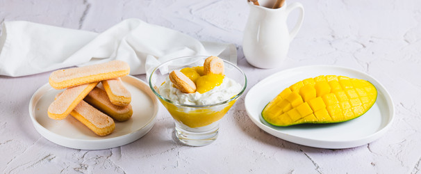 Вкусный десерт с манговым пюре, йогуртом и печеньем савоярди в миске на веб-баннере table - Elena Rui