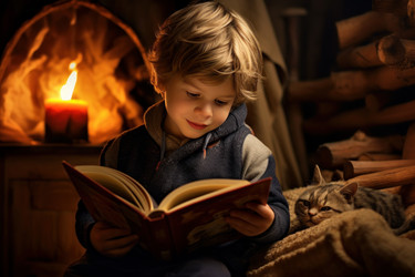 милый маленький мальчик читает книгу дома при горящей свече. генеративный контент - yliv