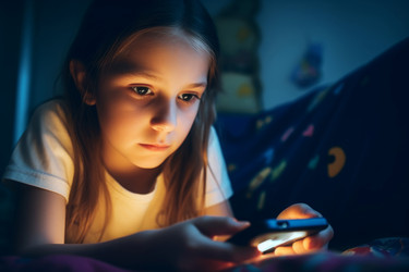 девушка играет в игру на смартфоне в темноте ночной комнаты. генеративный контент - yliv