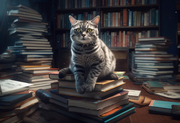 животное-кошка на книжной стопке. кошачье воспитание. генеративный контент - yliv
