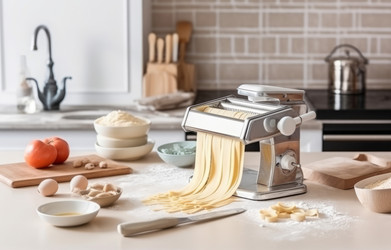 Машинка для лапши из теста и продукты на деревянный стол. Создать ИИ - yliv