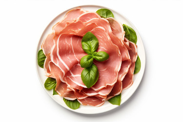 Кусочки вкусной ветчины и листьев базилика, вид сверху. Нарежьте объект закуски мясо. Генерация ИИ - yliv