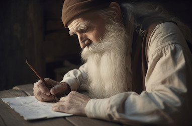 Мужчина с белой бородой пишет на деревянном столе. Бумажная религия человеческого антиквариата. Генерировать искусственный интеллект - yliv