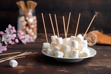 Выложите вкусные пышные зефирки, поджаренные на гриле. Десерт из конфет с белым сахаром. Генерировать искусственный интеллект - yliv