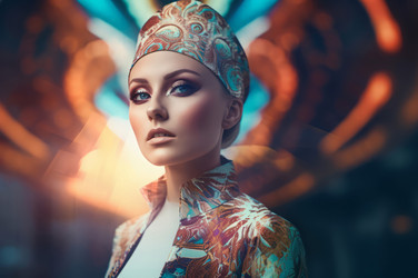 Психоделическая элегантность женщины с макияжем. Женщина-модель в красочном наряде и головном уборе. Генерировать искусственный интеллект - yliv