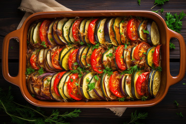 Вкусный рататуй готовится в форме для запекания. Пикантное вкусное вегетарианское блюдо из баклажанов. Генерировать искусственный интеллект - yliv