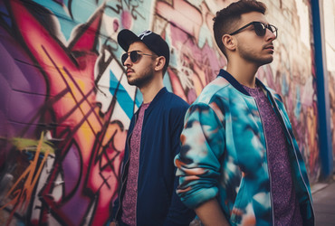 Стильные мужчины миллениума круты в солнцезащитных очках. Городской групповой досуг счастливого мужчины. Генерировать искусственный интеллект - yliv