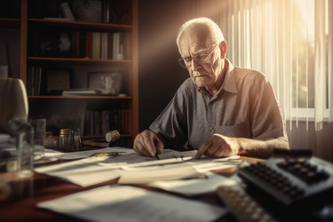 Пенсионер, управляющий финансами при утреннем солнечном свете. Генерировать искусственный интеллект - yliv