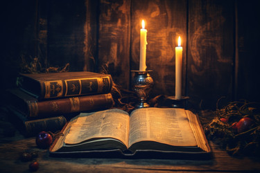 старая книга и горящие свечи на деревянном столе. генеративный контент - yliv