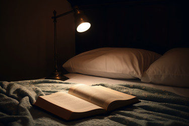 читает открытую книгу на кровати с лампой. расслабляющее хобби перед сном - чтение сборника рассказов. генеративный контент - yliv