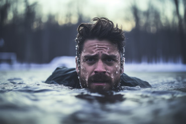 Человек, погружающийся в ледяную воду зимним днем. Холодная река, лед, снег. Генерировать искусственный интеллект - yliv