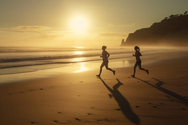 Спортсмены бегут по пляжной полосе sunrise sunlight. Генерировать искусственный интеллект - yliv