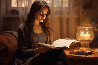 Молодая женщина читает книгу в домашнем интерьере при вечернем освещении. Генерировать искусственный интеллект - yliv