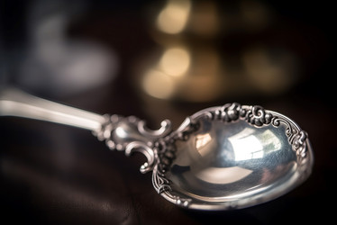 Серебряная старинная ложка-инструмент. Блестящая старинная чайная ложка для еды с элементами декора. Генерировать искусственный интеллект - yliv
