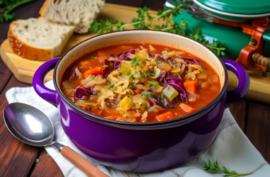 Блюдо из капустного супа-борща. Подача блюд европейской кухни на блюде. Генерировать искусственный интеллект - yliv