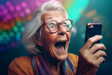 Пожилая бабушка с удивленным лицом смотрит на смартфон. Бабушка в очках с возбужденным выражением лица держит мобильный телефон. Создать ИИ - yliv