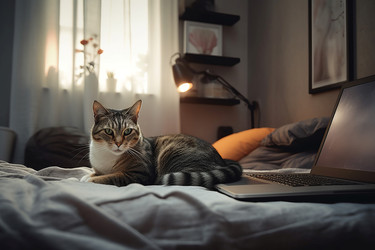 Кошка с ноутбуком фрилансера отдыхает в гостиной. Генерировать искусственный интеллект - yliv