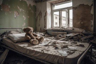 Медведь на больничной койке, разбомбленный город. Прерванная агрессия, разрушение военной атакой. Генерировать искусственный интеллект - yliv