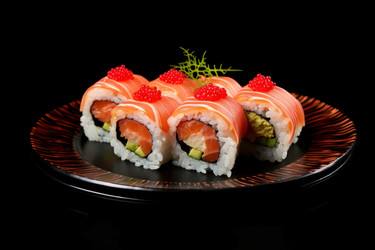 вкусные суши подаются на красной тарелке. азиатский сыроедческий рулет на заднем плане. генеративный контент - yliv