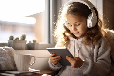 Милая маленькая девочка с наушниками и смартфоном happy digital. Онлайн-музыка в Интернете воспроизводит женские забавы. Генерировать искусственный интеллект - yliv