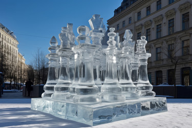 Ice chess glowing outdoor sculpture. Art win water mate king. Generate Ai - yliv