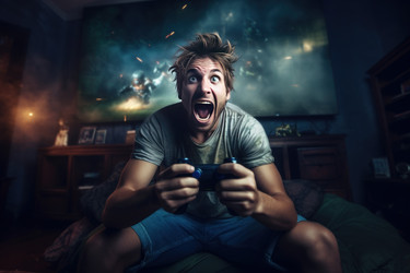 Молодой человек играет в видеоигры дома счастья. Люди играют в закрытом доме. Генерировать искусственный интеллект - yliv