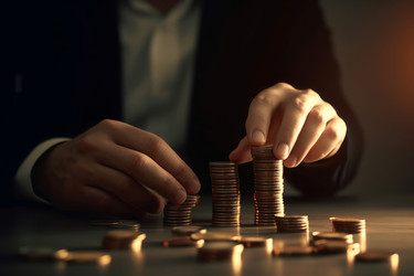 Бизнесмен складывает монеты на столе. Заработная плата руководства. Генерация ИИ - yliv