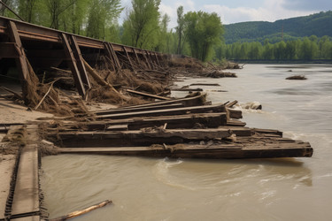 Речной мост разрушен водой. Природная опасность, штормовое бедствие на дороге. Генерировать искусственный интеллект - yliv