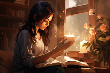 Молодая женщина читает книгу в домашнем интерьере с горящими свечами. Генерировать искусственный интеллект - yliv