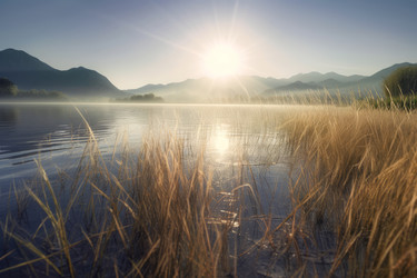 Lake water boat sunrise. Silence outdoor. Generate Ai - yliv