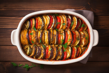 Вкусный рататуй в форме для запекания на деревянном столе. Диетическое питание приготовление французского блюда. Генерировать искусственный интеллект - yliv