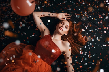 женщина одевает диско-шары в красное платье. генеративный контент - yliv