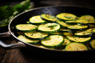 Нарезанные цуккини выложите на сковороду на столе. Вкусный ужин, нарезанный на кусочки обед. Генерировать искусственный интеллект - yliv