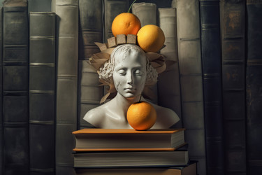 Скульптурная голова на книгах с фруктами-апельсинами. Генерировать искусственный интеллект - yliv