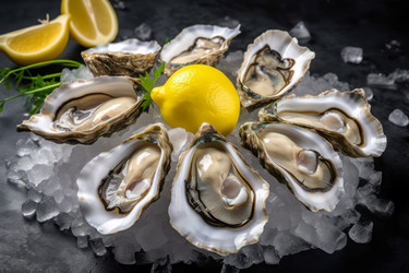 Свежие устрицы, кубики льда, лимон. Блюдо из морепродуктов. Генерировать искусственный интеллект - yliv