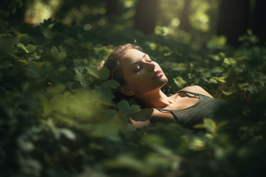 Женщина лежит на лесных листьях. Генерация ИИ - yliv