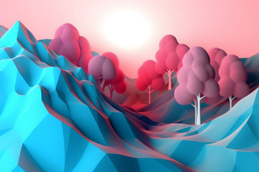Абстрактный 3d пейзаж. Художественная сцена с розовым деревом и голубыми горами. Генерировать искусственный интеллект - yliv