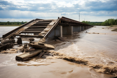 речной мост разрушен в результате повреждения водой. разрушение путевой структуры разрушает дыру. генеративный контент - yliv
